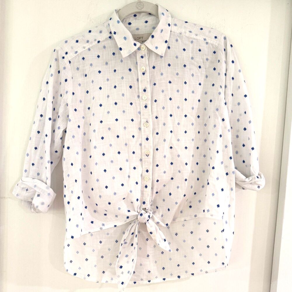 LOFT White XS Button-Down Shirt Blue Floral Dot Pattern Front Tie Roll Tab